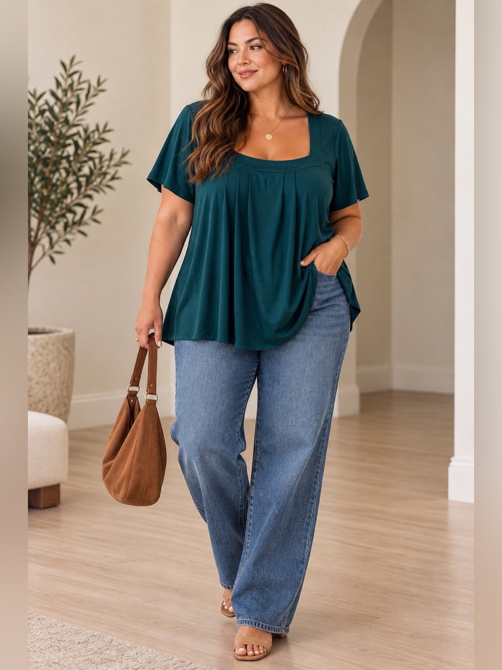 Halara NWT Forest Green Pleated Square Neck Top Size 2X